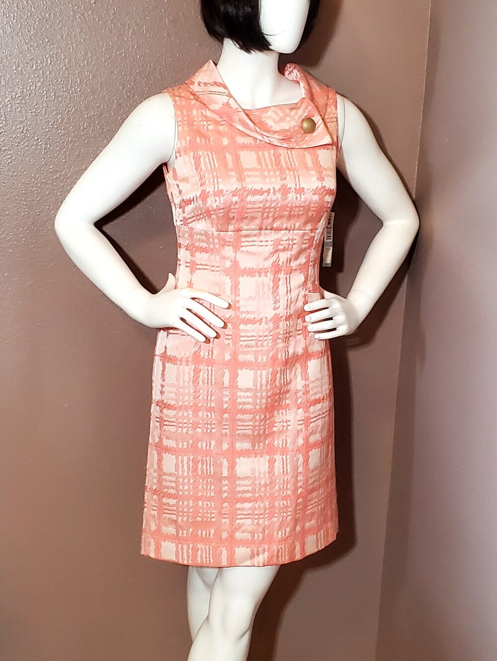 NWT TAHARI Arthur S Levine Coral Plaid Jacquard Wiggle Dress Size 8